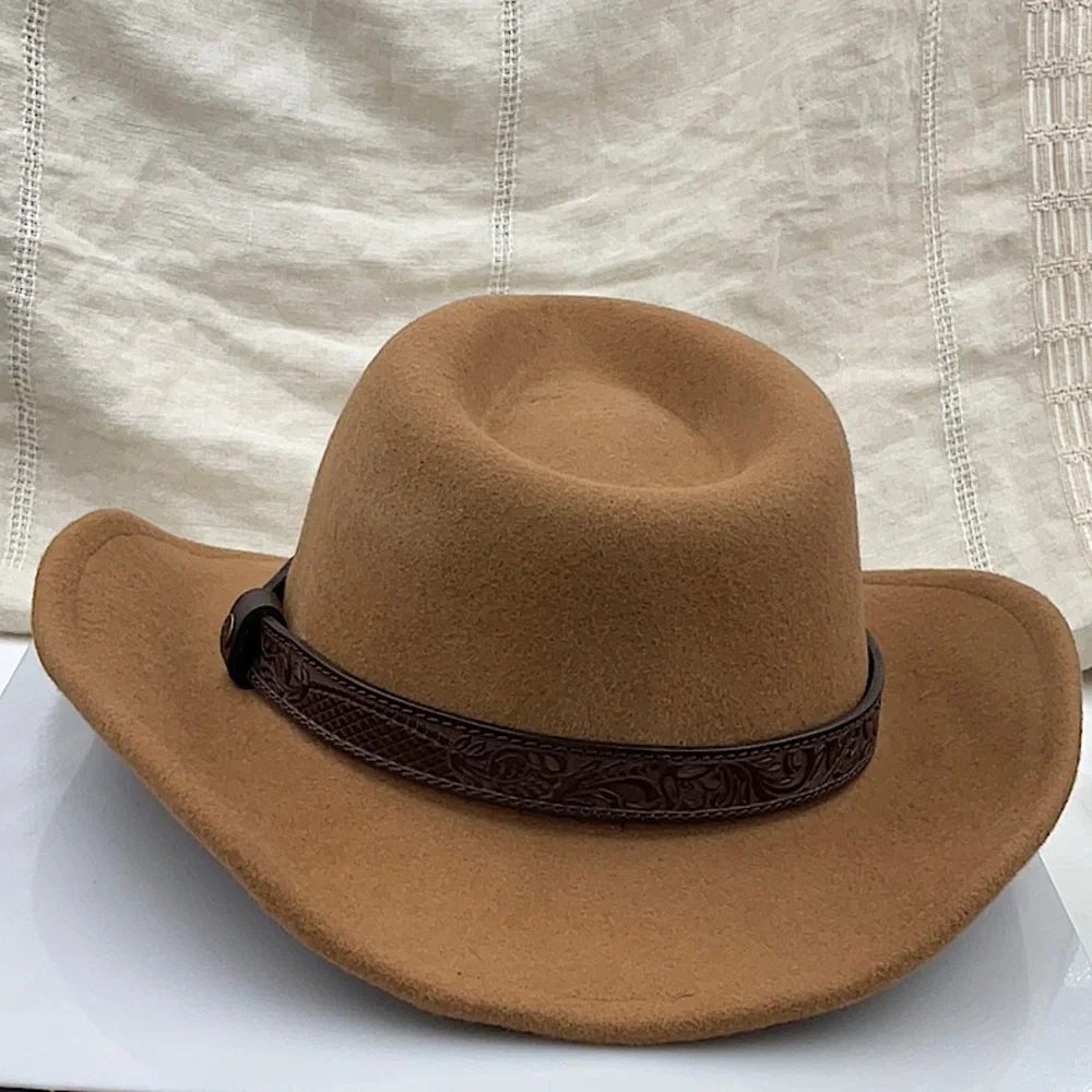 Lucky Brand 100% Wool Western Brown Leather Ranger Hat, Medium Beige